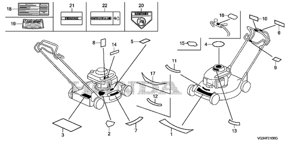 Labels (2) Diagram and Parts List for HRS216K6 (Type  PKAA)(MZBZ-1000001 - 9999999) Honda Lawn Mower