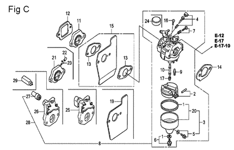 Fig-3 Diagram and Parts List for GCV190A Type N5AF Honda Engine