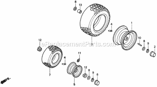 Wheel Diagram and Parts List for H2013HK1 Type SDACVIN# MZBF-6100001 Honda Lawn Tractor