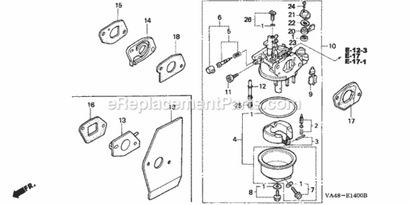 Carburetor Diagram and Parts List for HRA215 Type PDAVIN# MZAL-6000001 Honda Lawn Mower