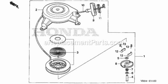 Recoil Starter Diagram and Parts List for HRC216K2 Type HXAVIN# MAKA-1000001 to MAKA-1049999 Honda Lawn Mower