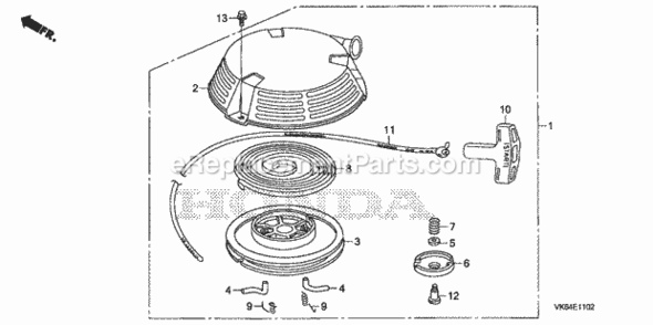 Recoil Starter Diagram and Parts List for HRC216K3 Type HXAVIN# MAKA-1050001 Honda Lawn Mower
