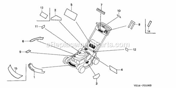 Labels Diagram and Parts List for HRM215K1 Type SXAVIN# MZBB-6200001 to MZBB-6299999 Honda Lawn Mower