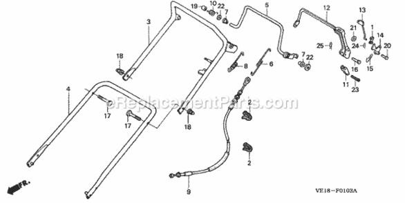Handlebar Diagram and Parts List for HRM215K4 Type HXAVIN# MZBB-6500001 to MZBB-6507200 Honda Lawn Mower