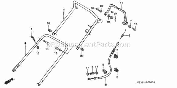 Handlebar Diagram and Parts List for HRM215K4 Type PDAVIN# MZBB-6500001 Honda Lawn Mower