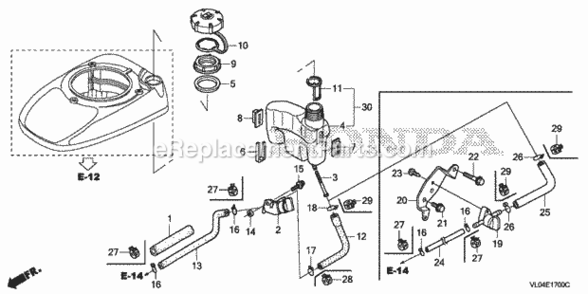 Fuel Tank Diagram and Parts List for HRR216K7 Type PDAAVIN# MZCG-8200001 Honda Lawn Mower