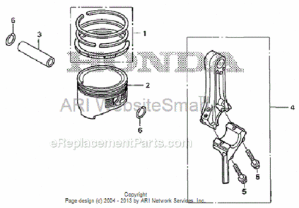 Piston + Connecting Rod Diagram and Parts List for HS520 Type ASVIN# SZBG-6000001 to SZBG-6099999 Honda Snow Blower