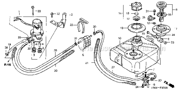 Fuel Tank  Fuel Pump Diagram and Parts List for HT3810K1  Honda Lawn Tractor