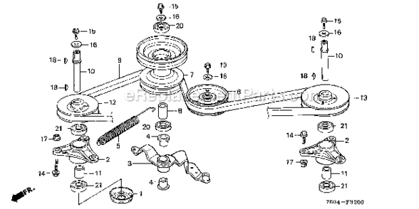 Blade Shaft  Driven Pulley Diagram and Parts List for HT3810K1  Honda Lawn Tractor