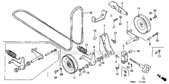 Tensioner Arm  Tensioner Pulley Diagram and Parts List for HT3810K2  Honda Lawn Tractor