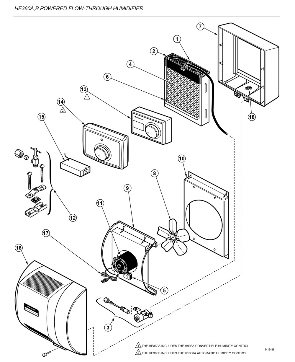 Part List Diagram and Parts List for HE360A  Honeywell Humidifier
