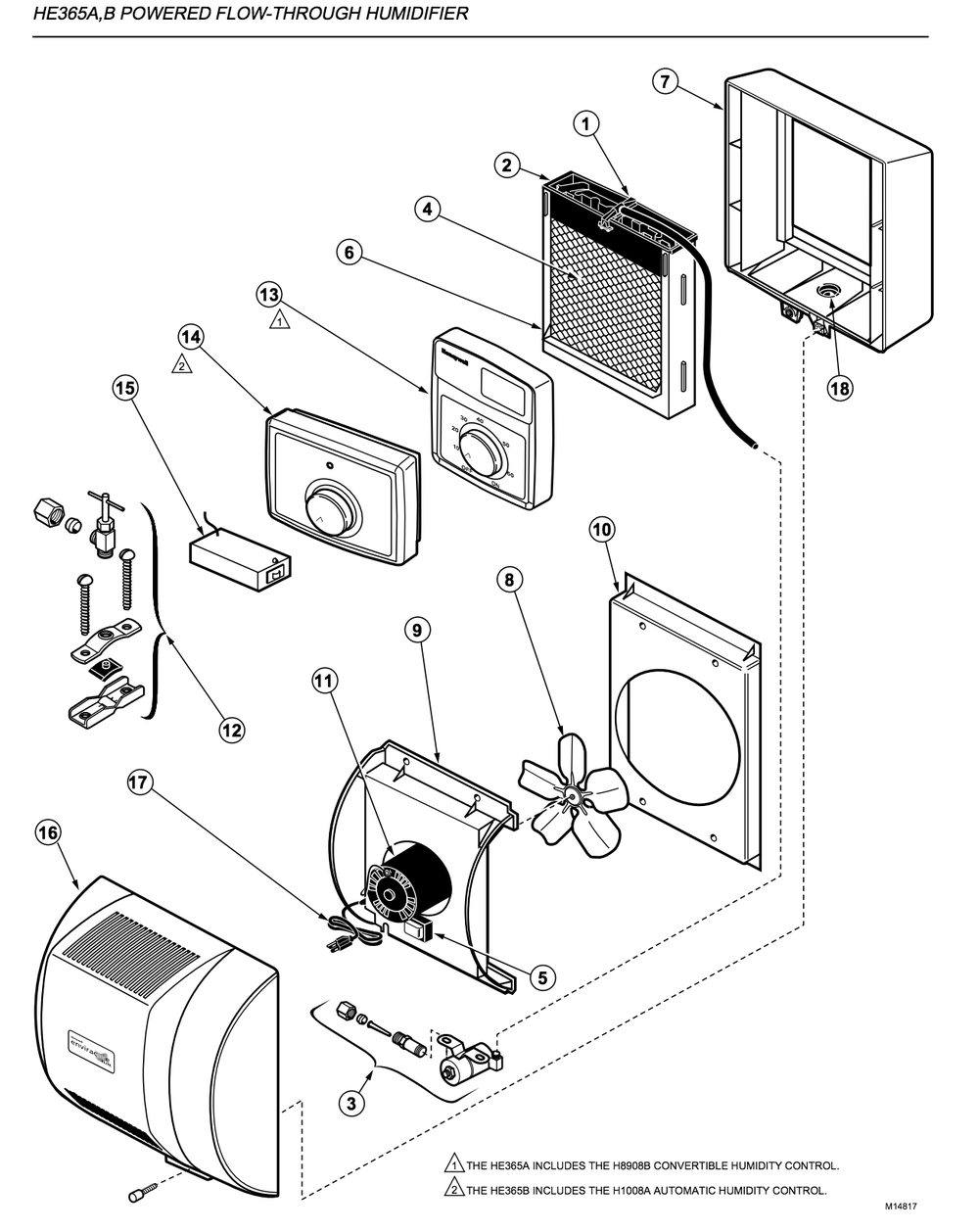 Part List Diagram and Parts List for HE365B1234  Honeywell Humidifier