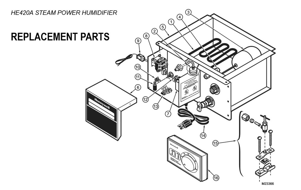 Part List Diagram and Parts List for HE420A  Honeywell Humidifier
