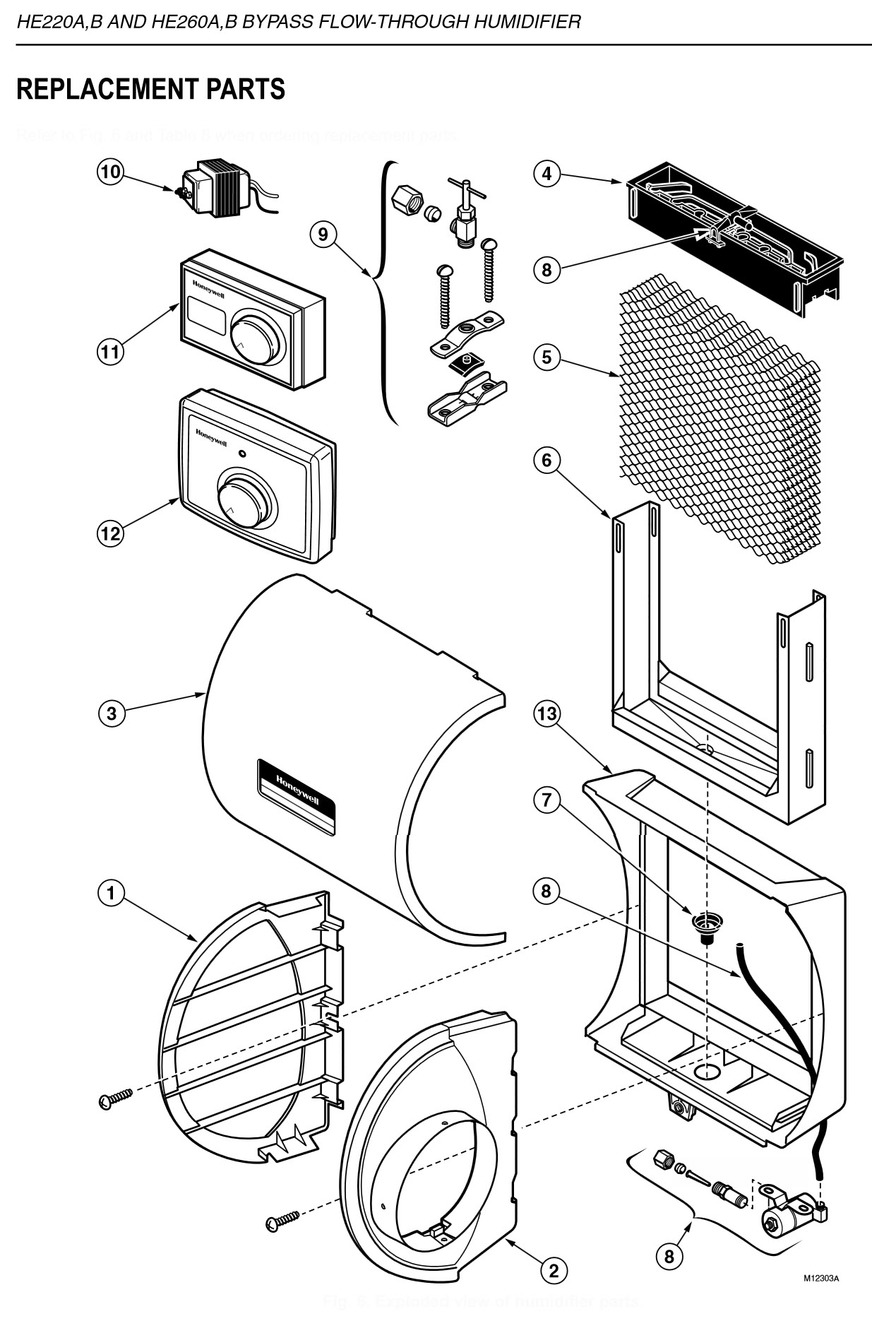 Part List Diagram and Parts List for HE260A  Honeywell Humidifier