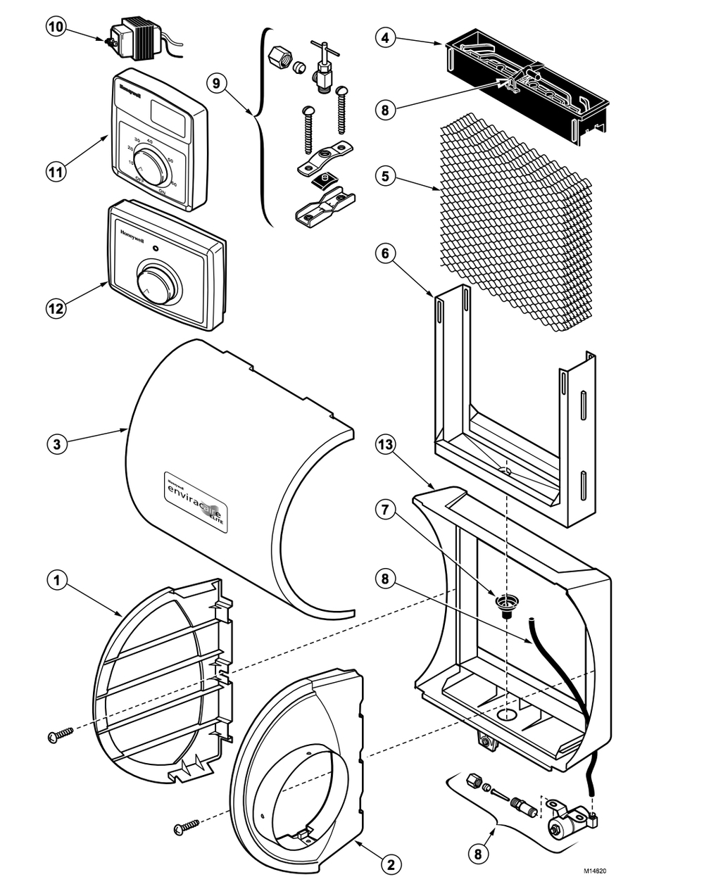 Part List Diagram and Parts List for HE225A1014  Honeywell Humidifier