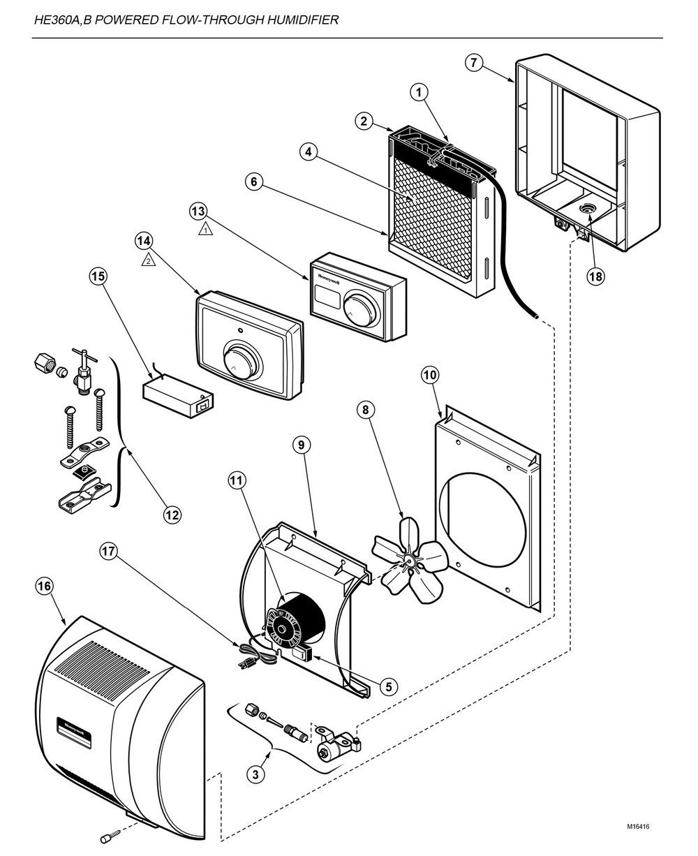 Part List Diagram and Parts List for HE365A  Honeywell Humidifier