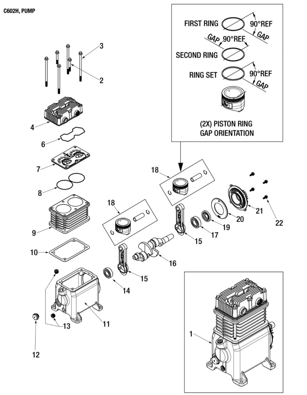 Pump Assembly Parts Diagram and Parts List for C602H Type 3 Husky Compressor