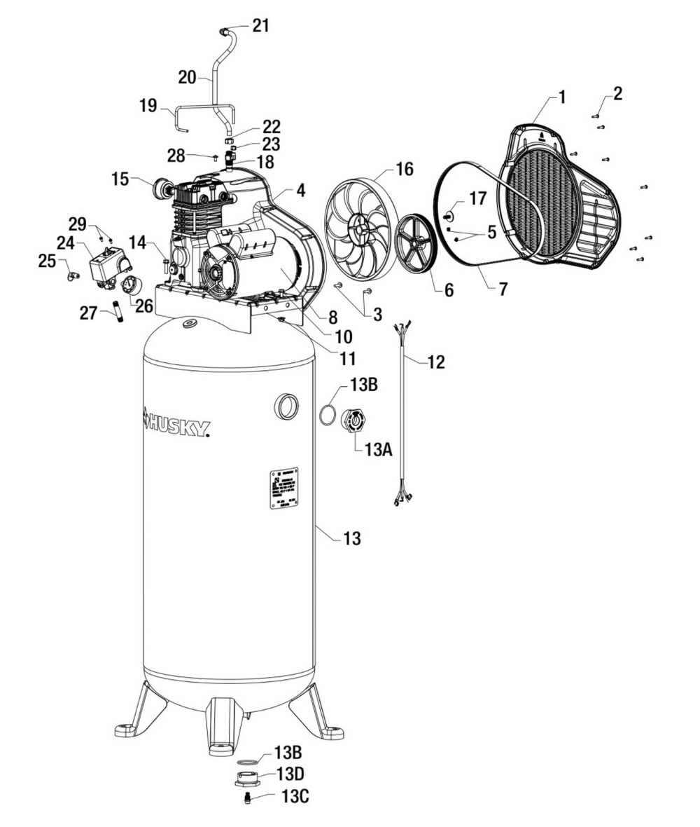 Tank Assembly Parts Diagram and Parts List for C602H Type 3 Husky Compressor