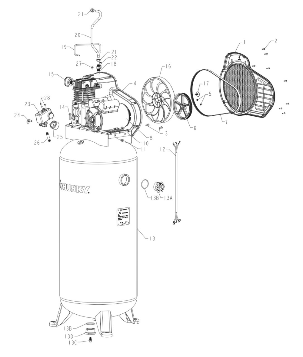 Tank Assembly Parts Diagram and Parts List for C603H  Husky Compressor