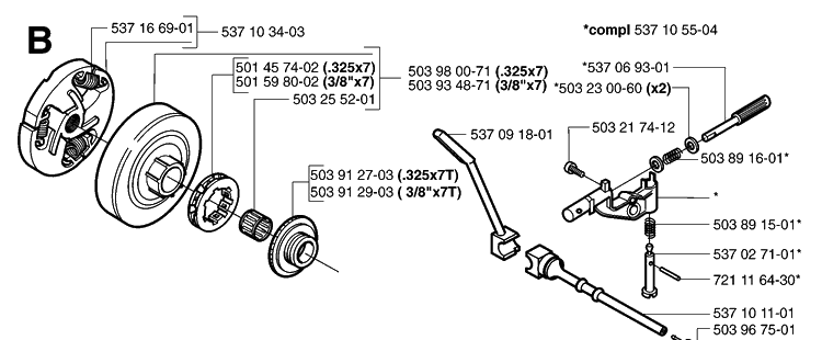 Clutch And Oil Pump Diagram and Parts List for 359 20060600001-20070900000 Husqvarna Chainsaw