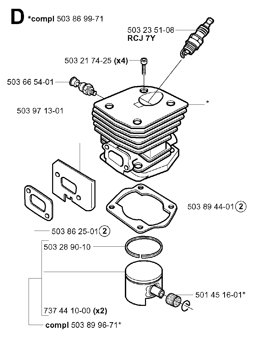 Cylinder Piston Diagram and Parts List for 351EPA 20012200001 Husqvarna Chainsaw