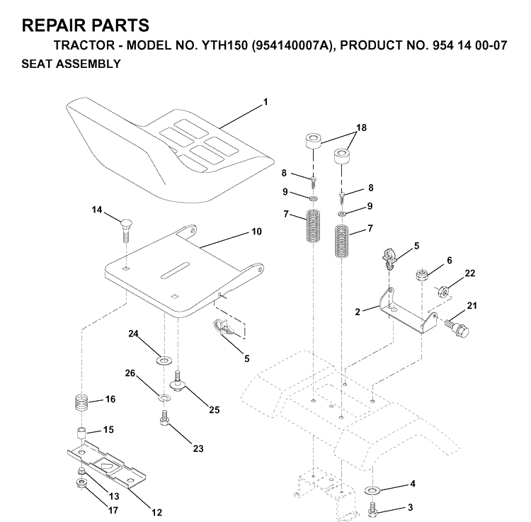 Seat Diagram and Parts List for YTH150 (954140007A)(1997-01) Husqvarna Lawn Tractor