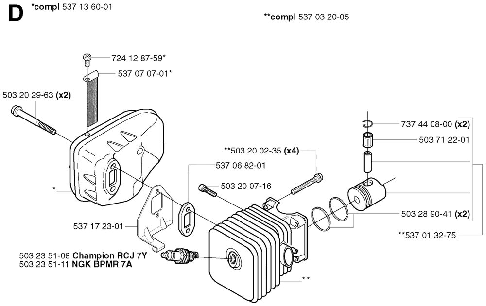 Cylinder, Piston And Muffler Diagram and Parts List for 325HD60X 20022200001 - 20062300000 Husqvarna Hedge Trimmer