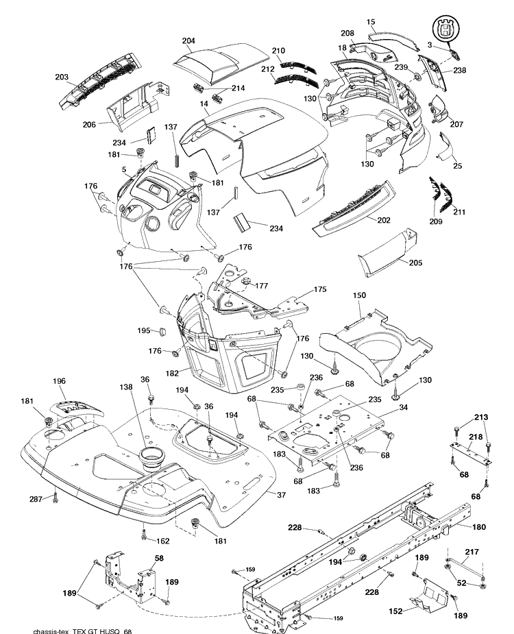 Chassis And Enclosures Diagram and Parts List for YTH22V46-289630 2010-05 Husqvarna Lawn Tractor
