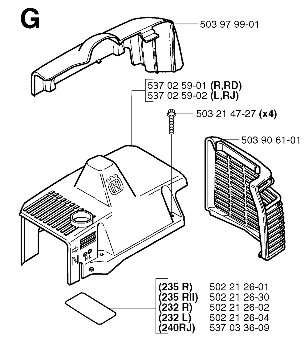 Cylinder Cover Diagram and Parts List for 240RJ 20023500001 & Above Husqvarna Trimmer
