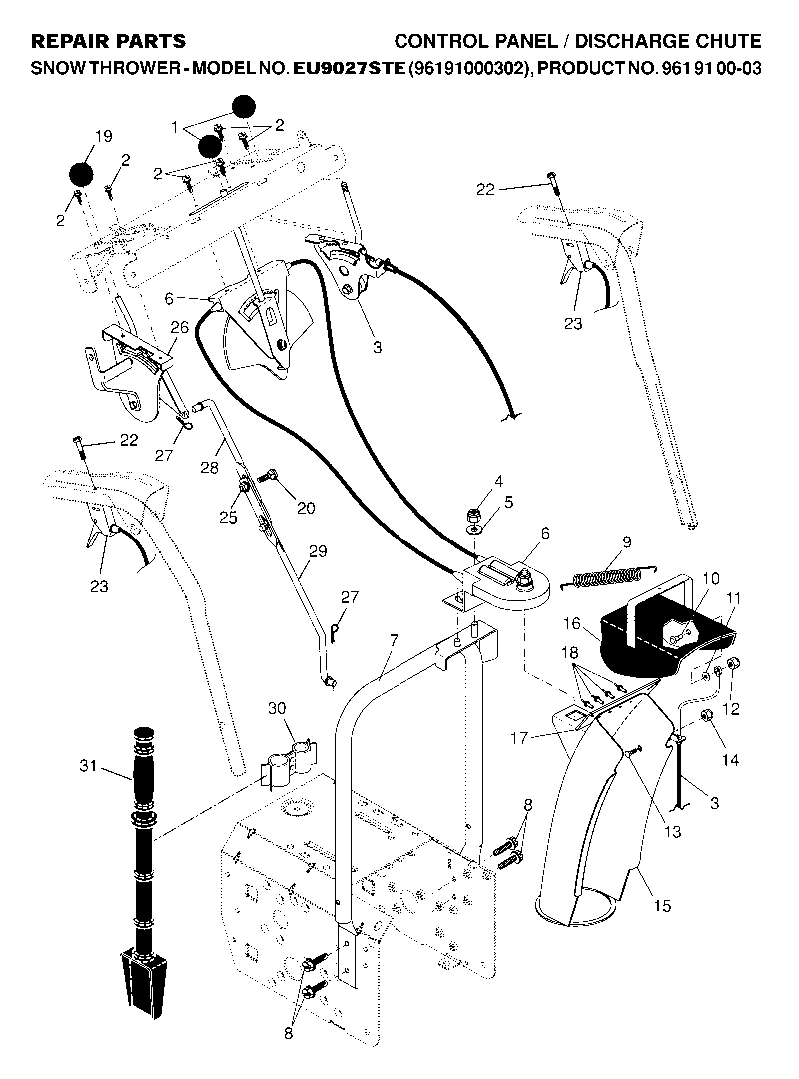 Control Panel And Discharge Chute Diagram and Parts List for 9027STE (961910003-02)(2007-01) Husqvarna Snow Blower