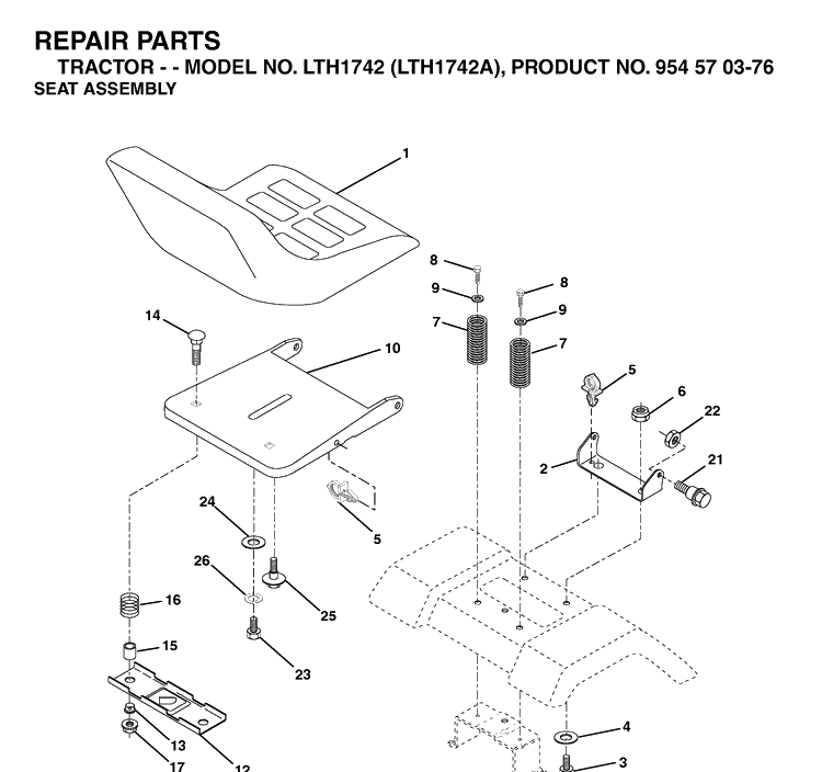 Seat Diagram and Parts List for LTH1742-LTH1742A 2002-11 Husqvarna Lawn Tractor