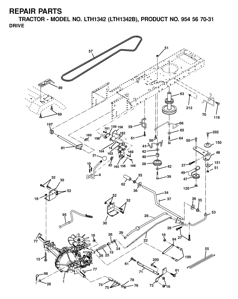 Drive Diagram and Parts List for LTH1342 (954567031-B)(2000-12) Husqvarna Lawn Tractor