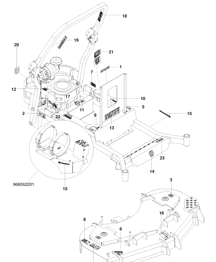 Decals Diagram and Parts List for PZ6029FX (966061201)(2010-01) Husqvarna Lawn Mower
