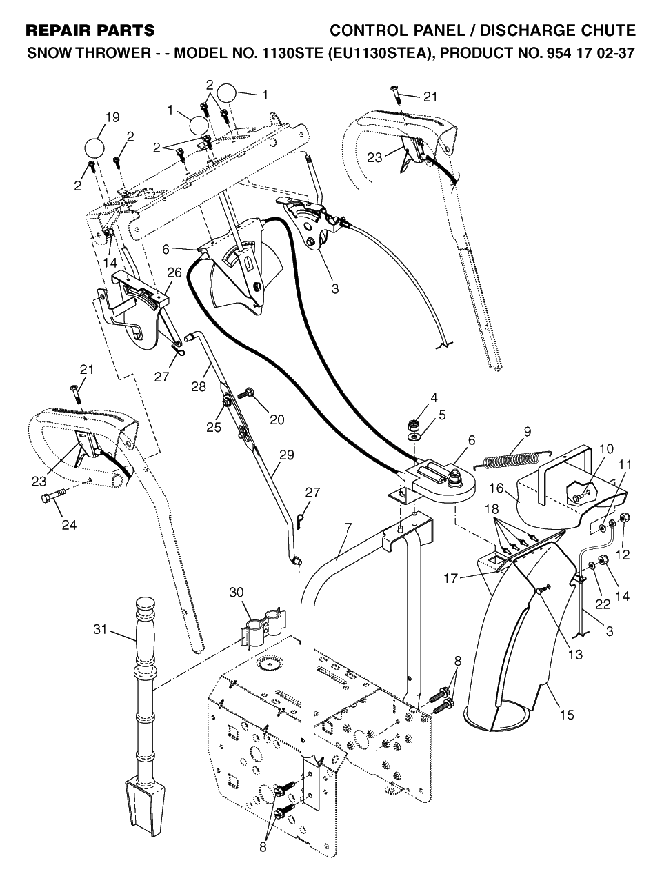 Control Panel And Discharge Chute Diagram and Parts List for 1130STE (954170237-A)(2004-09) Husqvarna Snow Blower