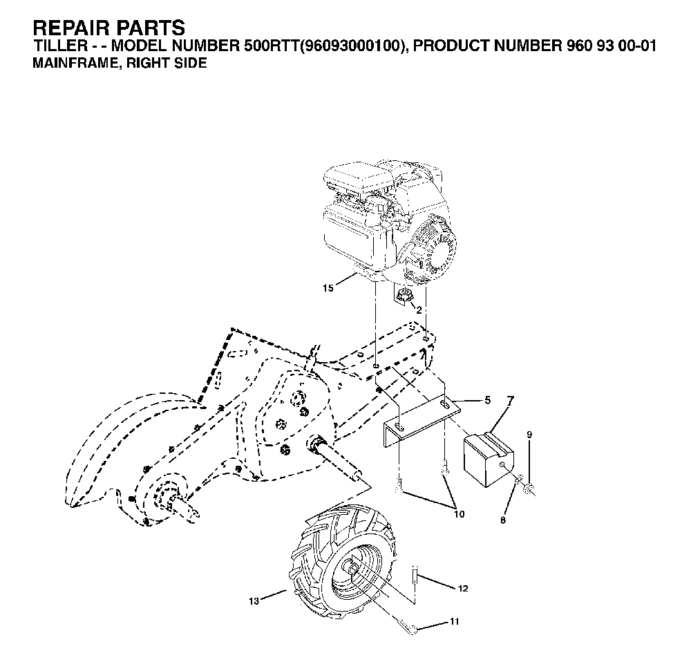 Mainframe, Right Side Diagram and Parts List for 500RTT (96093000100)(2004-11) Husqvarna Tiller
