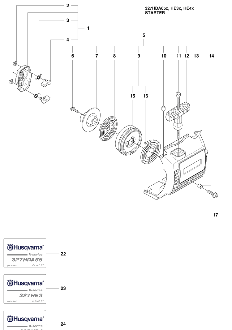 Starter 1 Diagram and Parts List for 327HE4X-SERIES (966976501)(2009-04) Husqvarna Hedge Trimmer