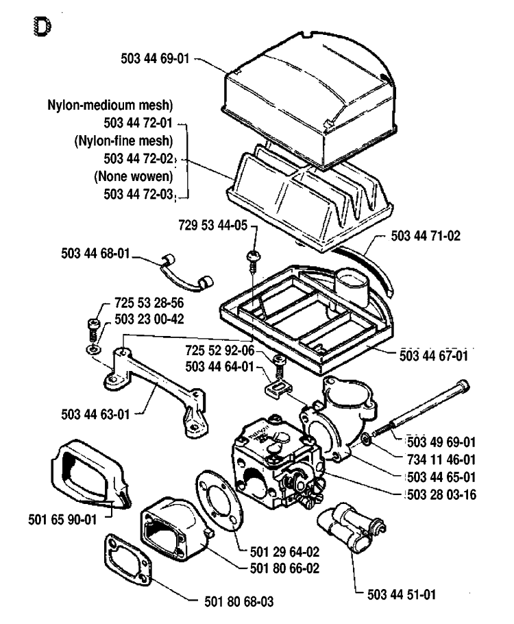 Carburetor And Air Filter Diagram and Parts List for 268 19910500001-19933600000 Husqvarna Chainsaw