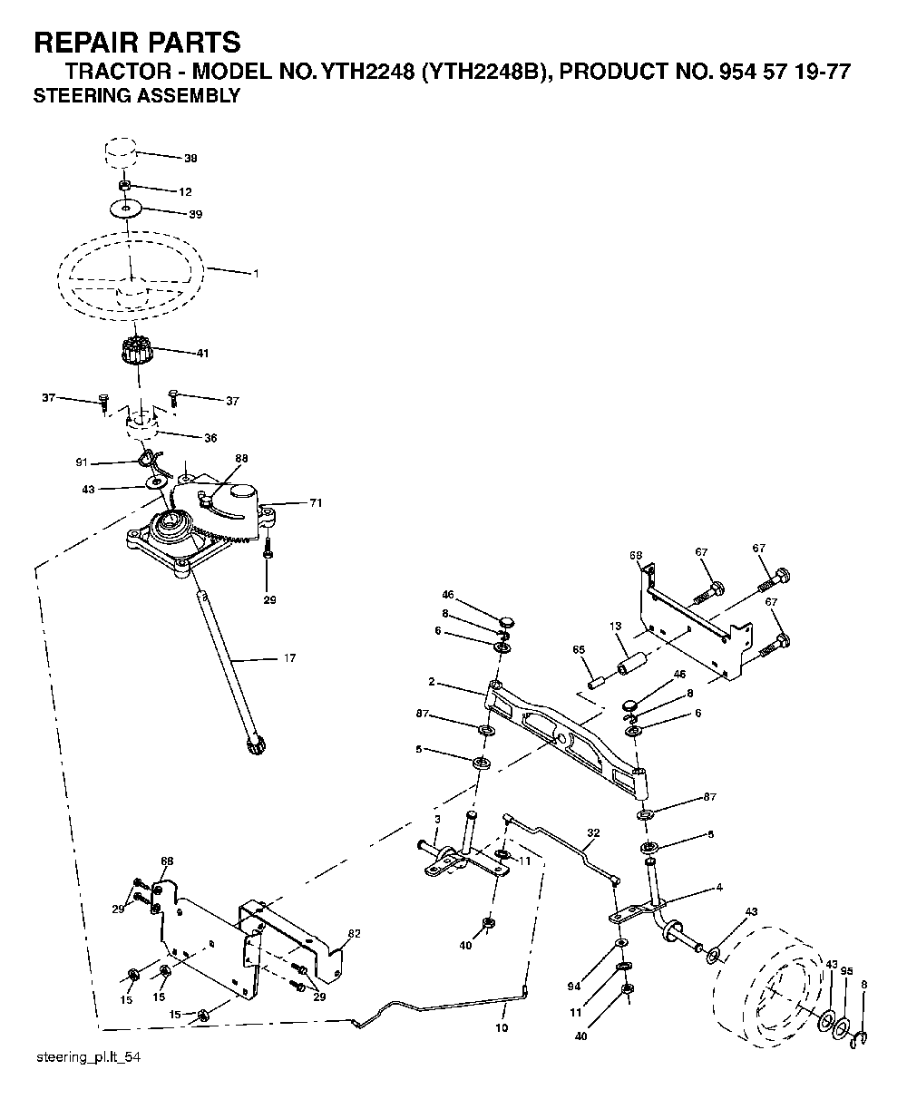 Steering Diagram and Parts List for YTH2248B (954571977)(2004-06) Husqvarna Lawn Tractor