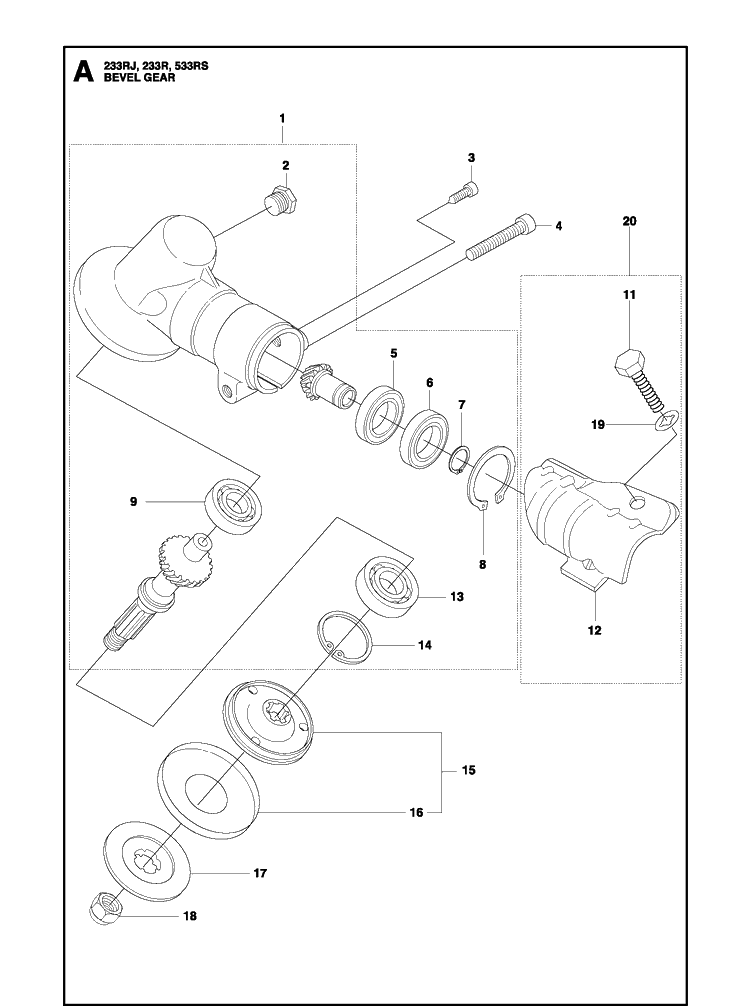Bevel Gear Diagram and Parts List for 233RJ 20140100001-Current Husqvarna Brush Cutter
