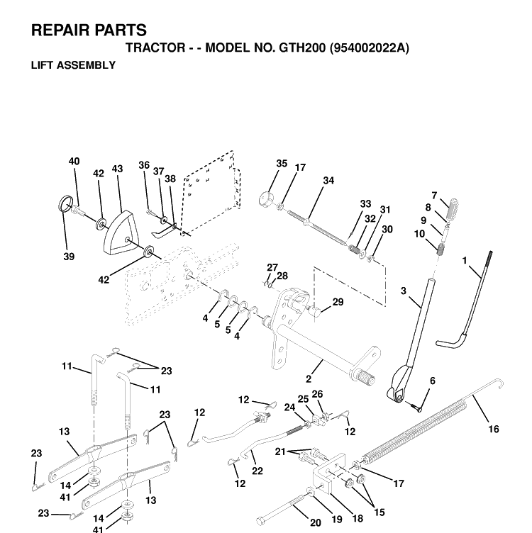 Mower Lift / Deck Lift Diagram and Parts List for GTH200 (954002022A)(1995-05) Husqvarna Lawn Tractor