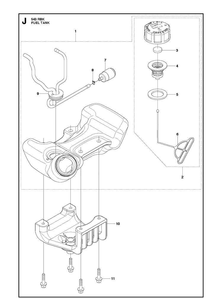 Fuel Tank Diagram and Parts List for 543RBK 20130500001-20182200000 Husqvarna Brush Cutter