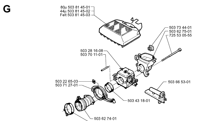 Carburetor And Air Filter Diagram and Parts List for 371XP 19960900001-19963500000 Husqvarna Chainsaw