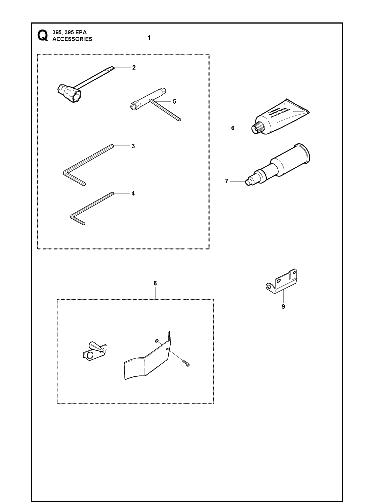 Accessories Diagram and Parts List for 395XP/ (XPG - 395 XP EPA)(20163900001-20193499999) Husqvarna Chainsaw