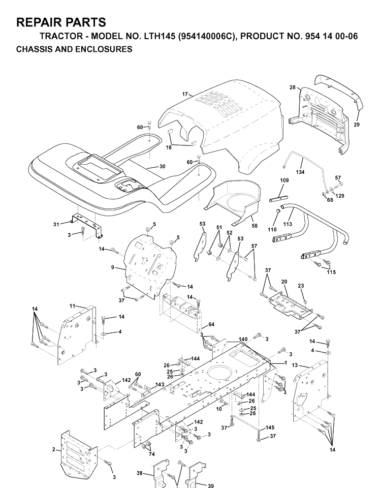 Chassis And Enclosures Diagram and Parts List for LTH145 (954140006C)(1998-02) Husqvarna Lawn Tractor