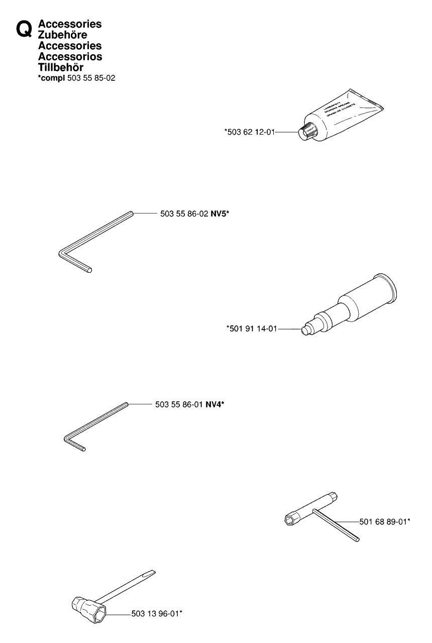 Accessories Diagram and Parts List for 390XP-XPG-XPW 20064000001 & Above Husqvarna Chainsaw