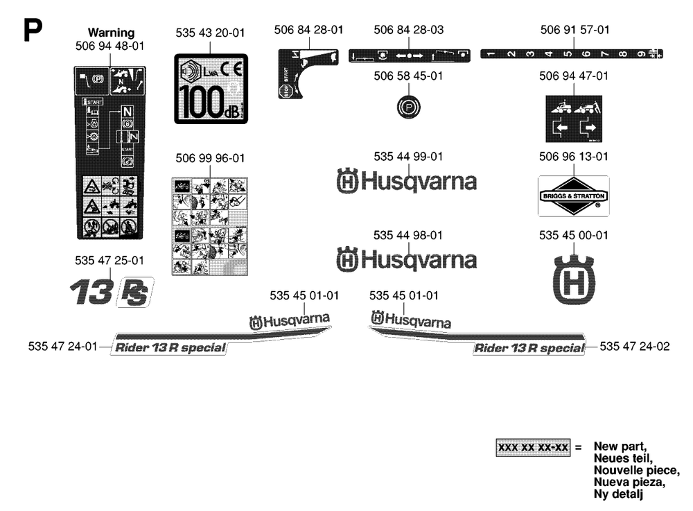 Decals Diagram and Parts List for R13R (953533901)(2006-01) Husqvarna Lawn Tractor