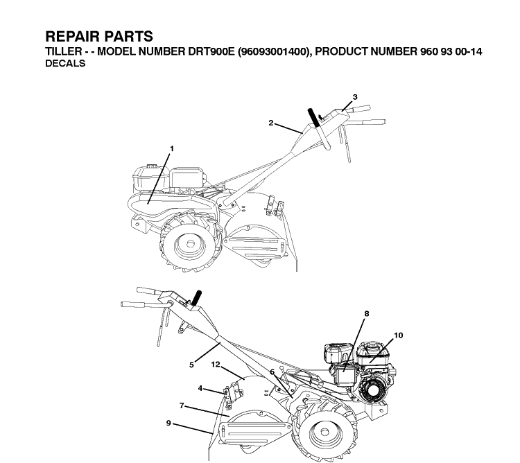Decals Diagram and Parts List for DRT900E (96093001401)(2010-10) Husqvarna Cultivator