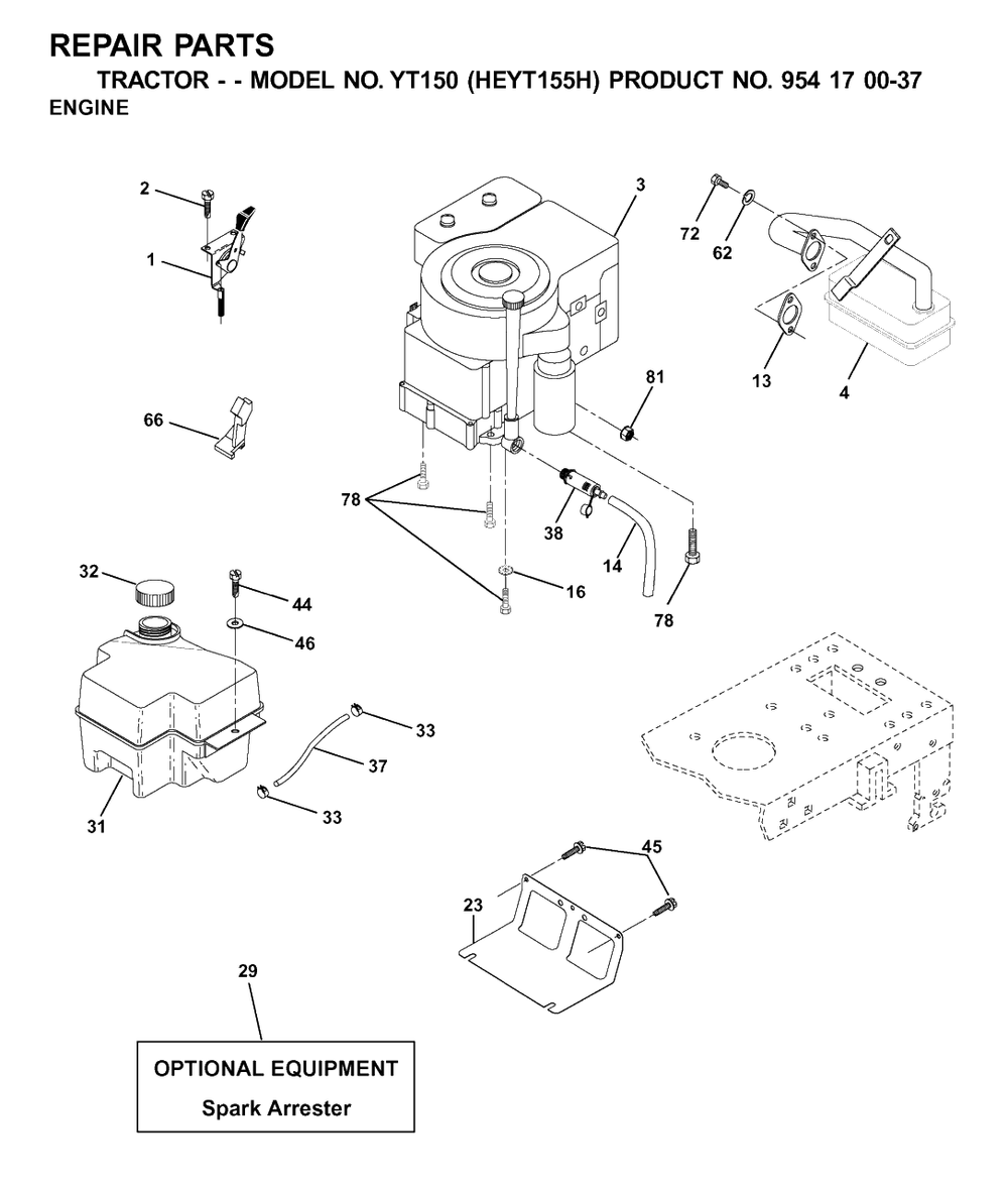 Engine And Cutting Equipment Diagram and Parts List for YT150 (954170037-H)(2001-09) Husqvarna Lawn Tractor