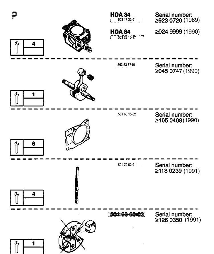 Service Updates Diagram and Parts List for 42 19920900001-19941400000 Husqvarna Chainsaw