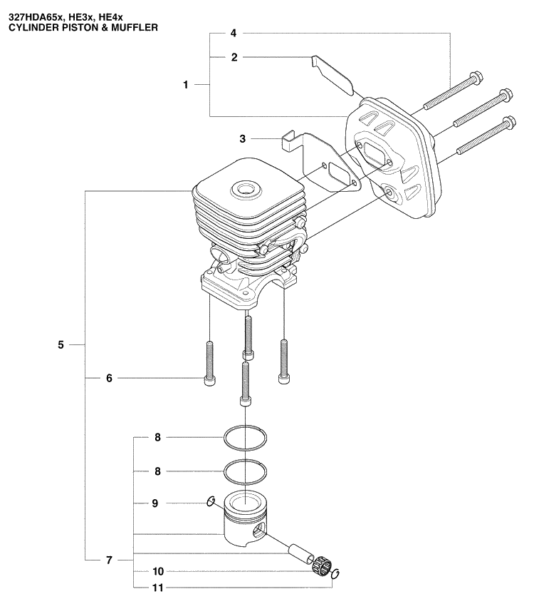 Cylinder Piston And Muffler Diagram and Parts List for 327HE4X-SERIES (966976501)(2009-04) Husqvarna Hedge Trimmer